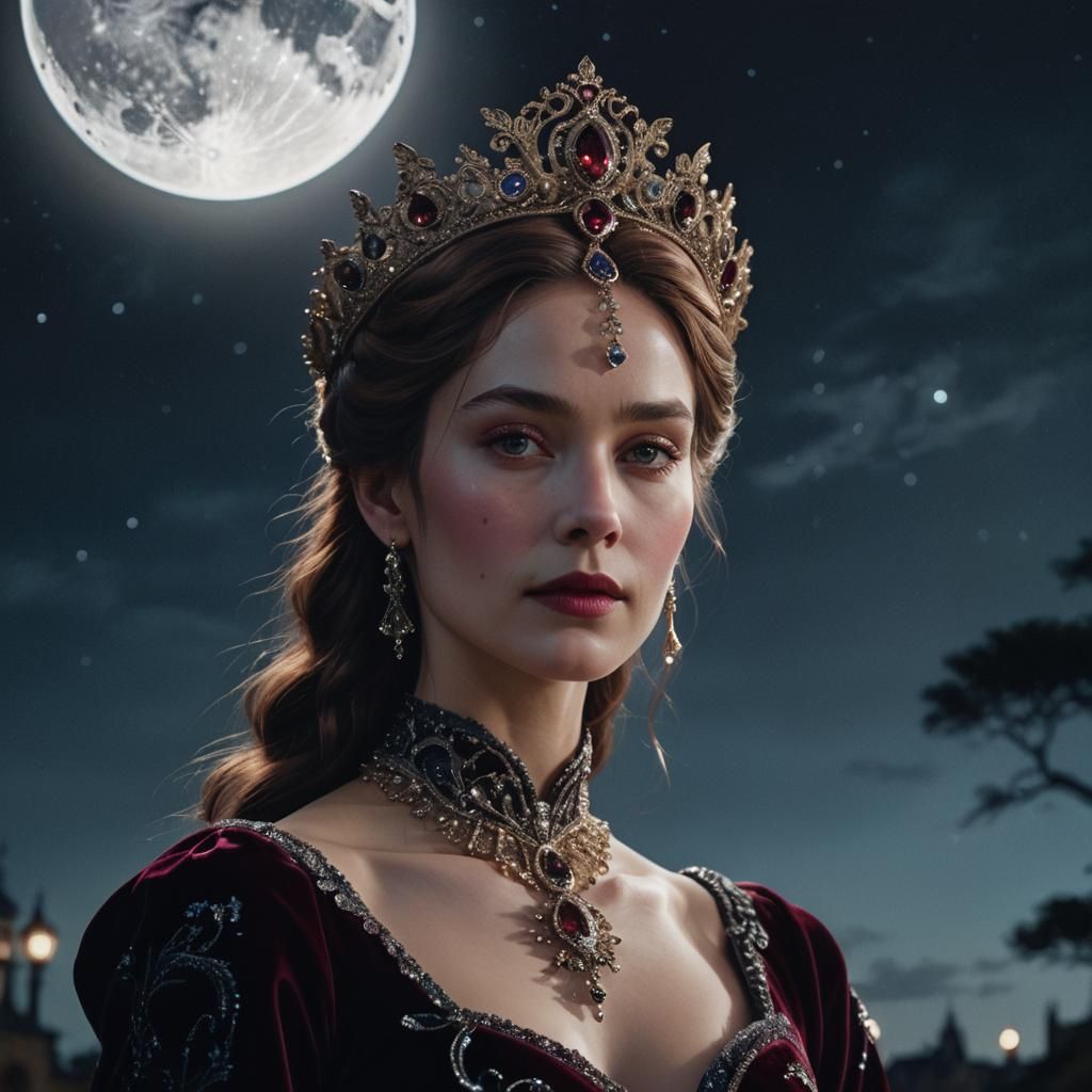 Moonlit Woman in Velvet Gown: Hyperrealistic Portrait