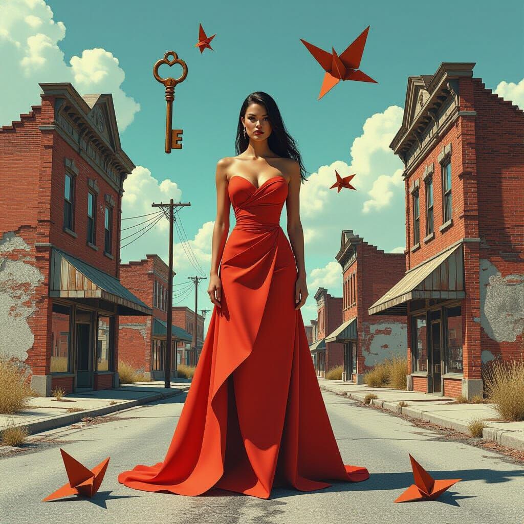 Imposing Woman in Crumbling Town with Surreal Elements
