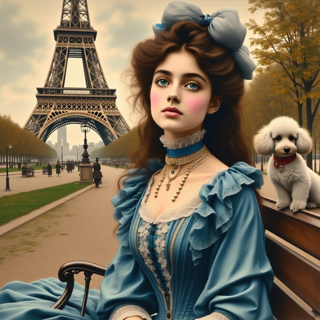 Victorian Woman in Sapphire Dress, Oil Painting