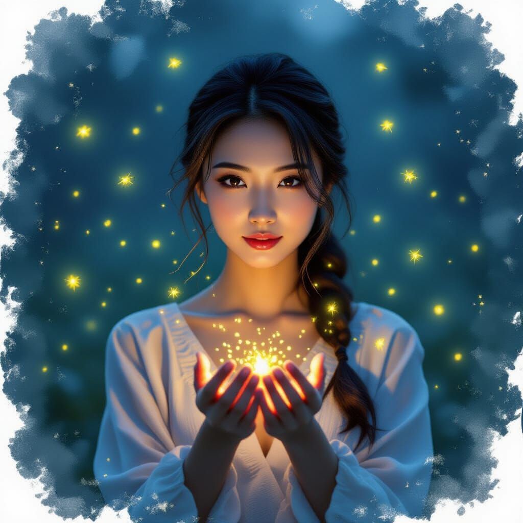 Asian Woman Illuminated by Surreal Fireflies