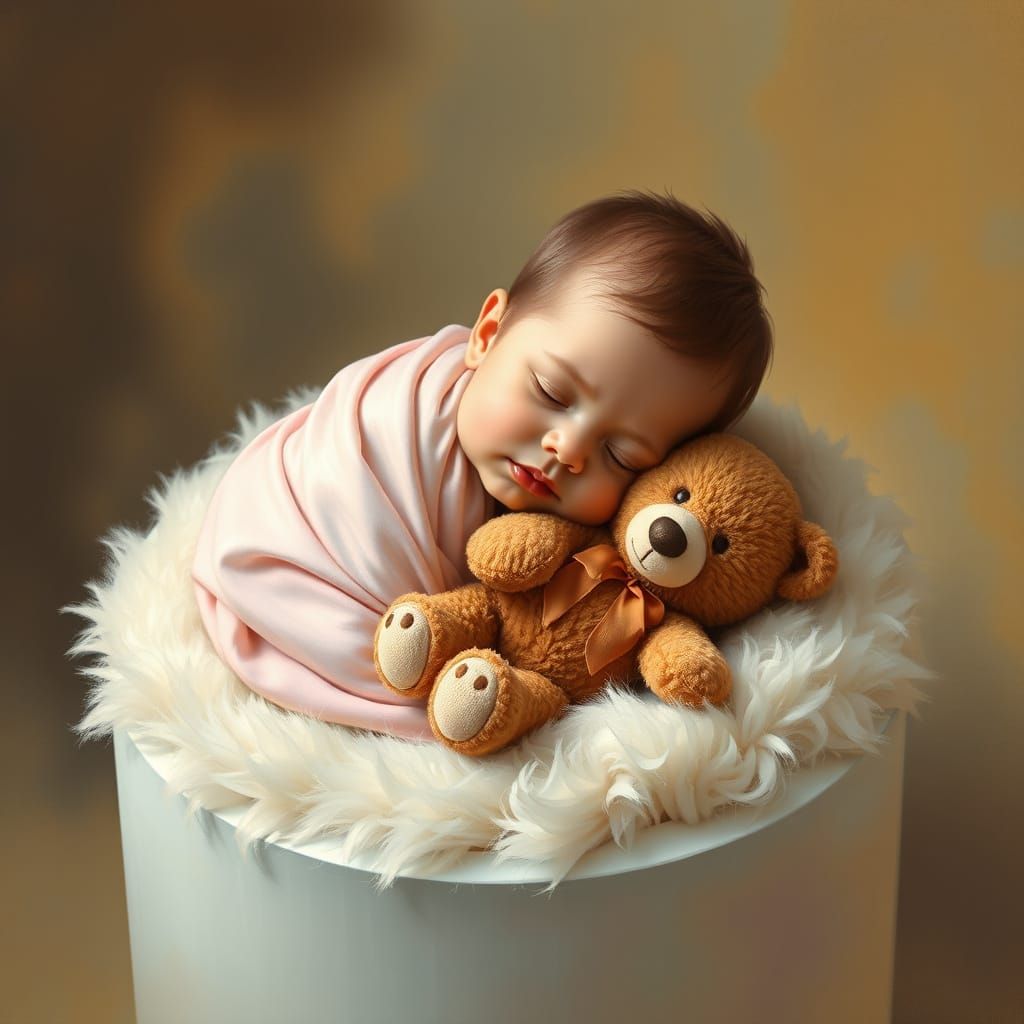 Baby Girl in Impressionist Style Sleeps with Teddy Bear
