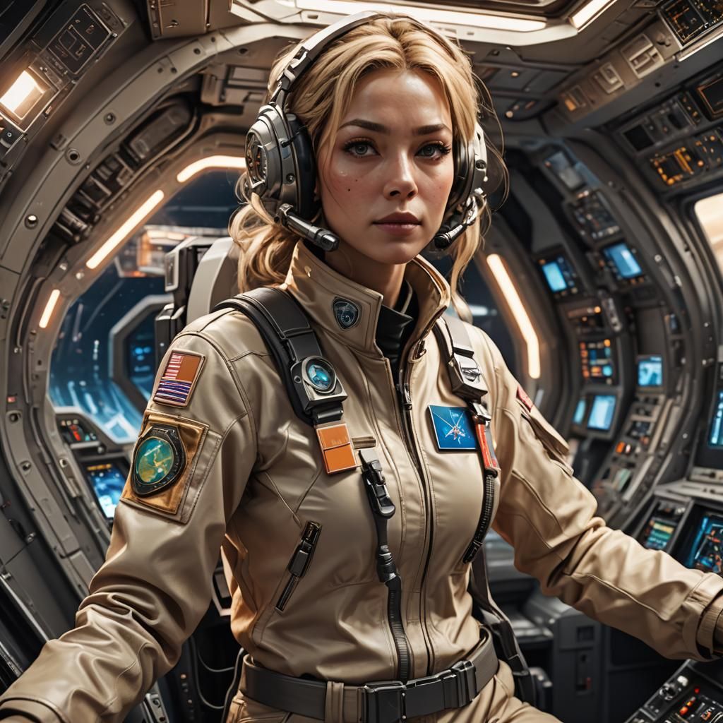 Woman in Spacecraft Cockpit: Hyper-Realistic Anime Concept A...