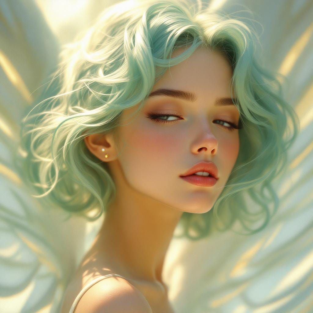 Serene Angel with Light Green Hair in Digital Art Style