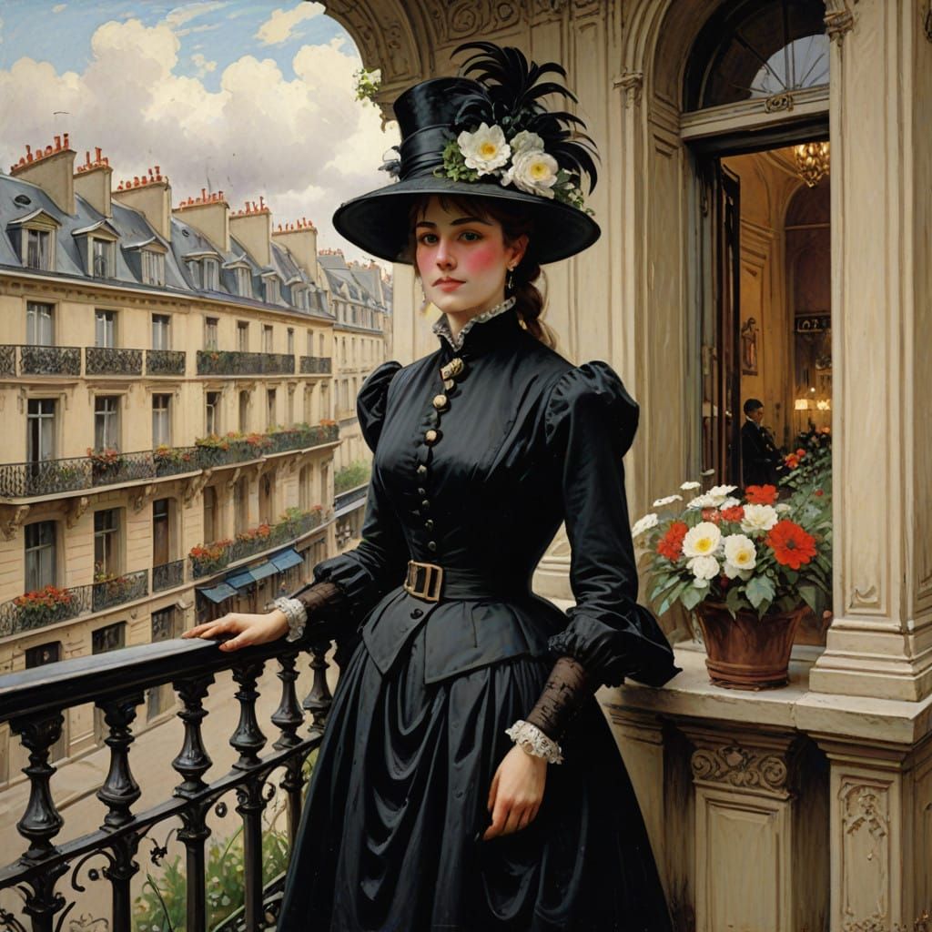 Lady in Elegant Hat Adorns Parisian Balcony, 1900