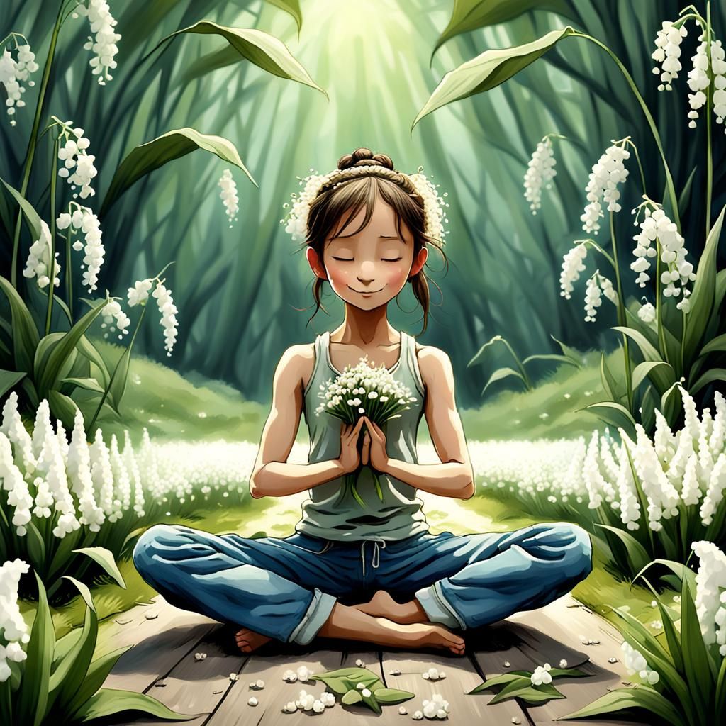 Joyful Woman Doing Yoga with Lilies
