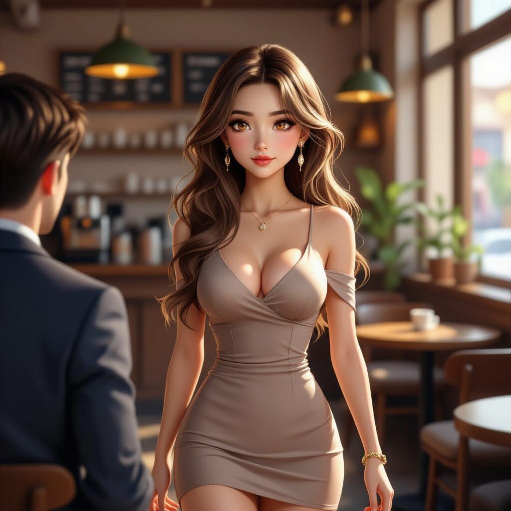 Stunning Chinese Woman in Cozy Coffee Shop