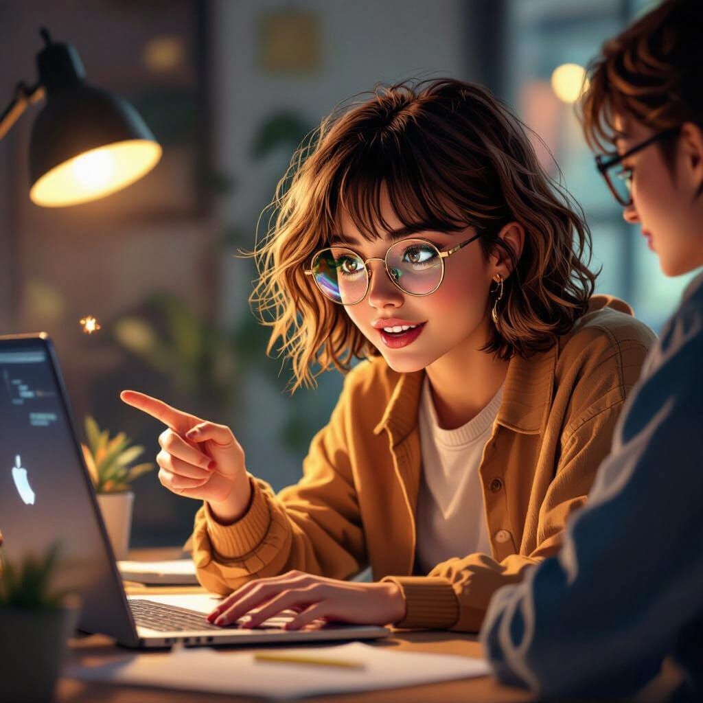 Student Enthusiastically Explains Study Method on Laptop