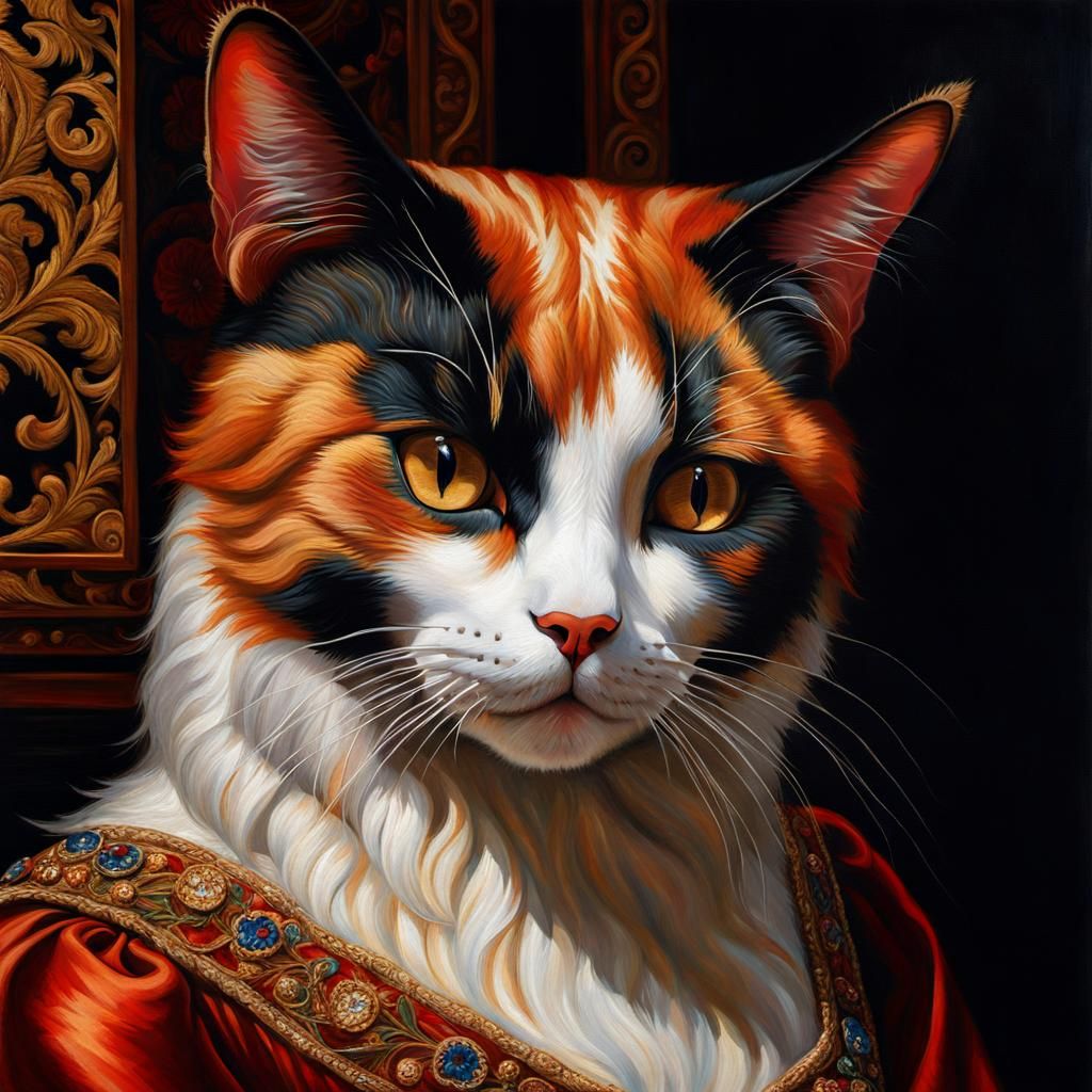 Calico Cat and Elizabethan Woman Oil Painting