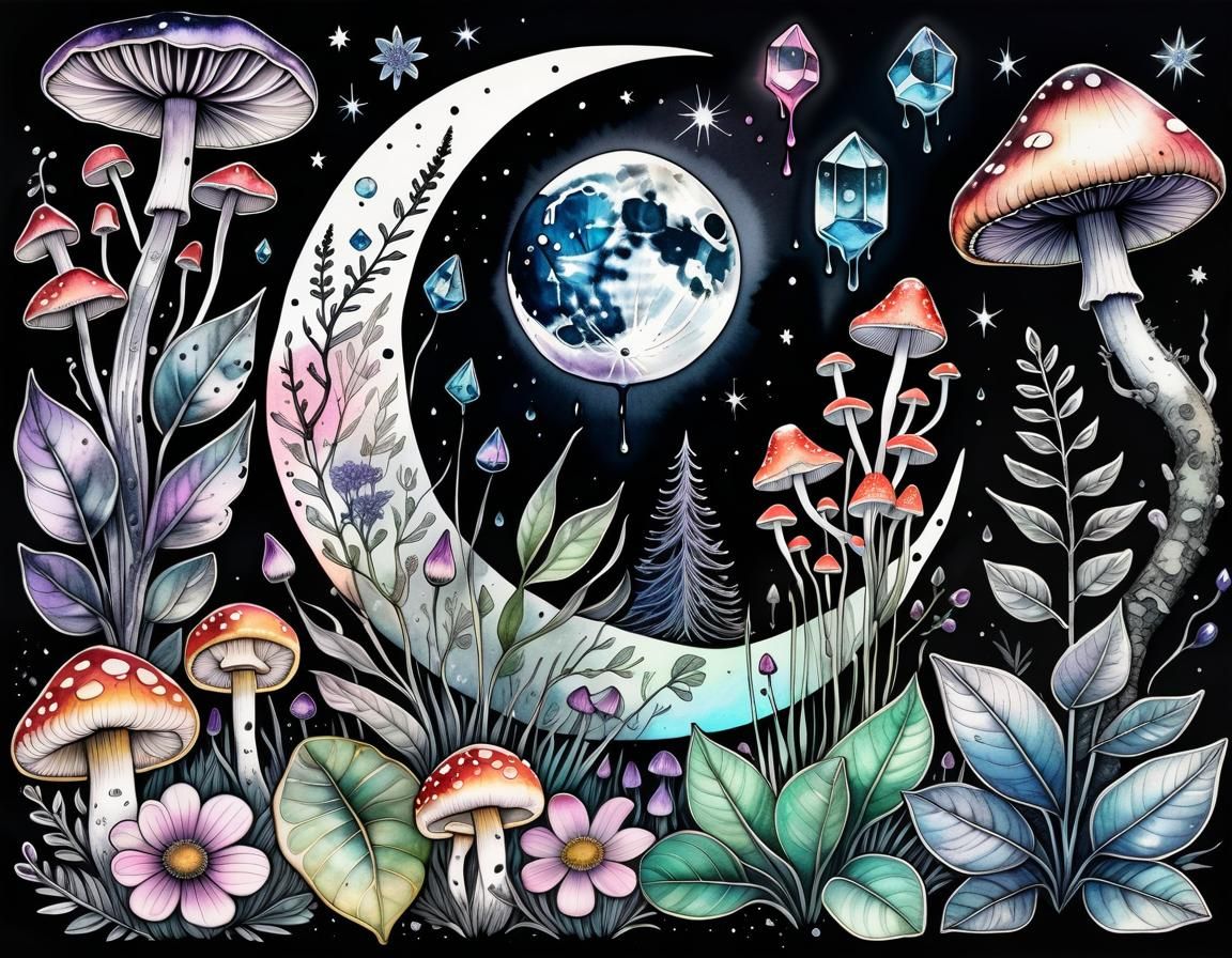 Botanical Ink Drawings with Watercolor and Pastel Goth Eleme...