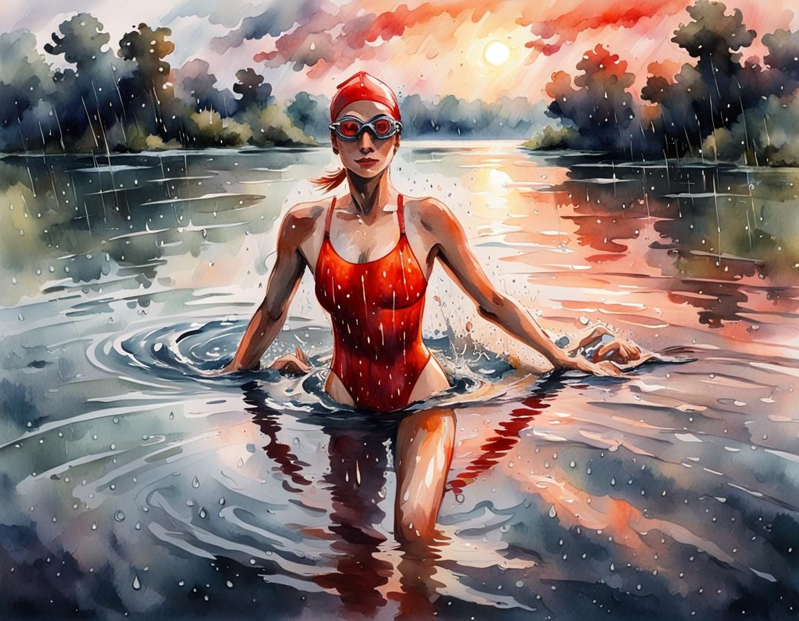 Woman Swimming in Rainy Lake: Impressionistic Watercolor