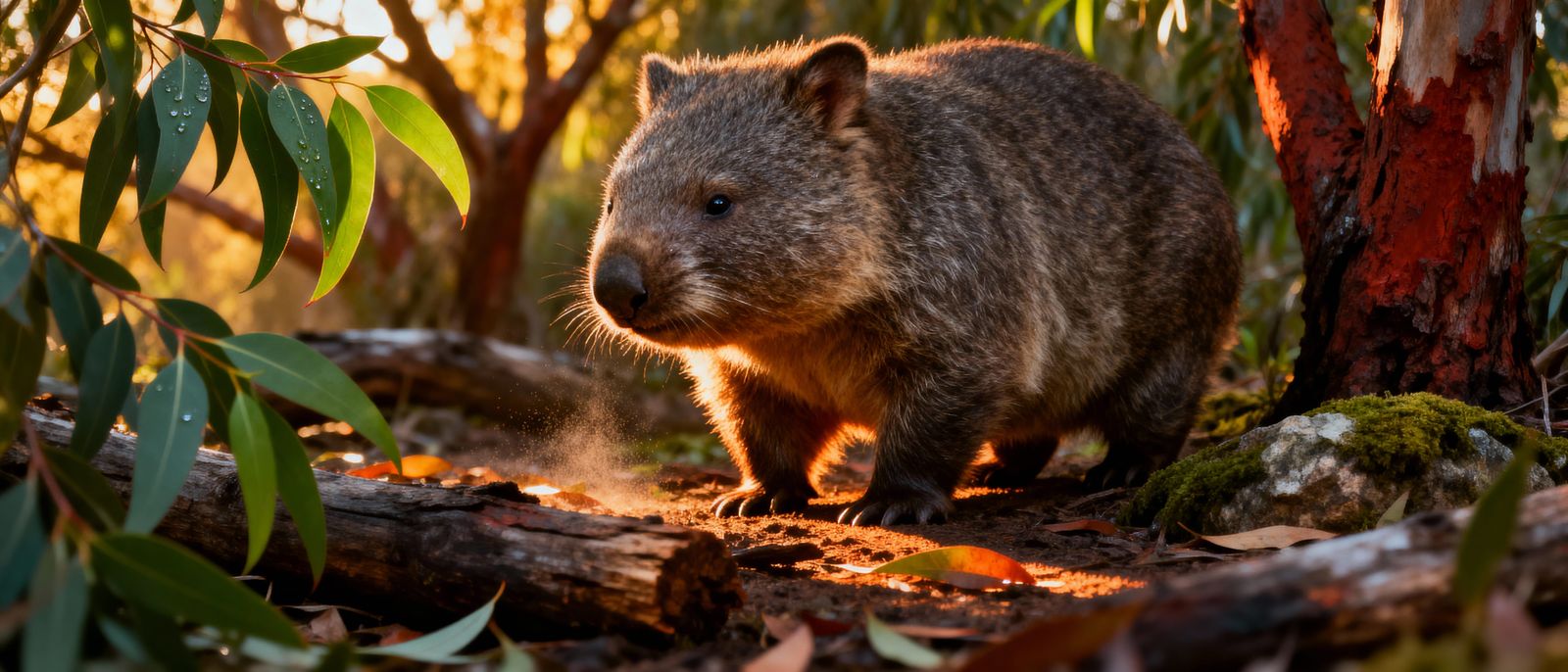 Hyperrealistic Wombat in Vibrant Eucalyptus Bushland