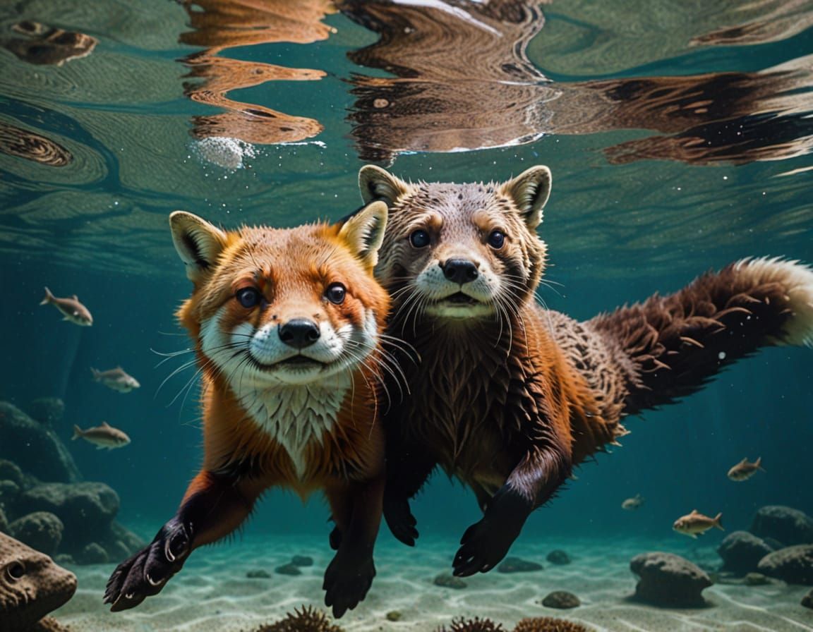 Fox and Sea Otter Swimming Together Underwater