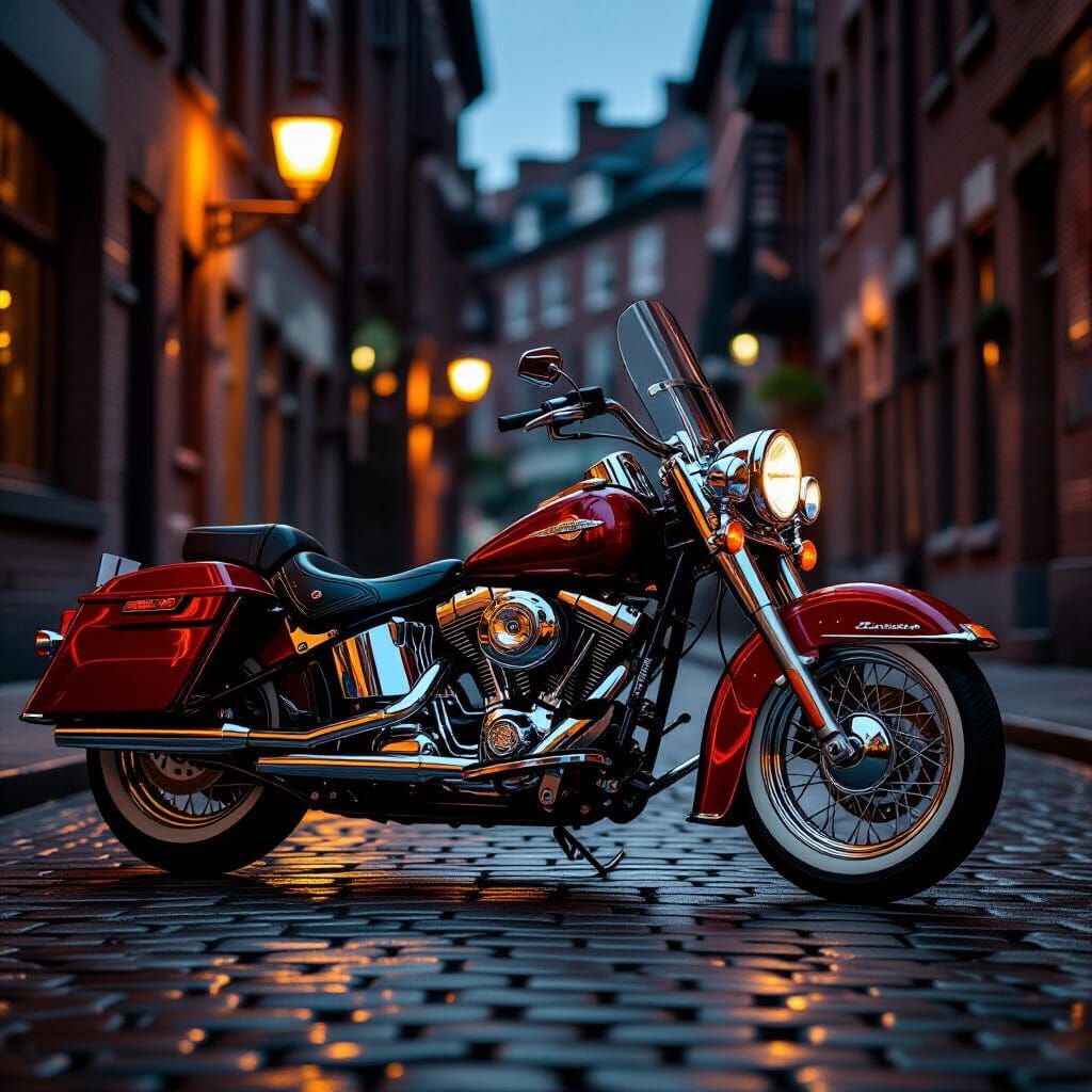 Vintage Harley Davidson on Cobblestone Street at Dusk
