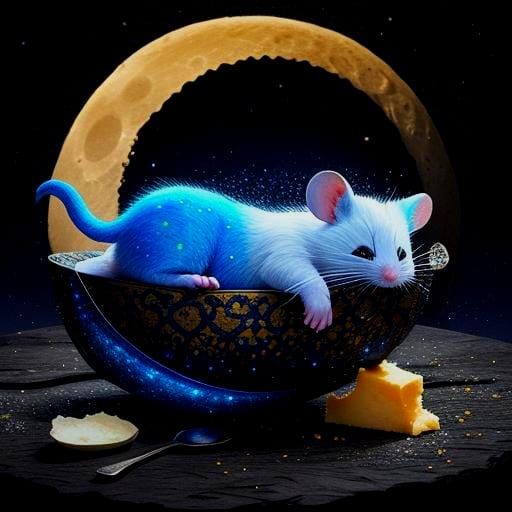 Fluffy Mouse Asleep on Cheese Moon in 3D