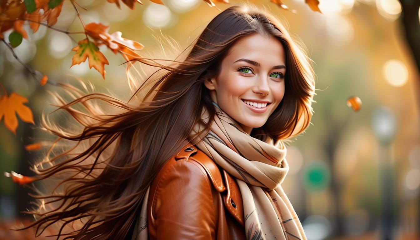 Autumn Portrait: Woman in Wind with Golden Light