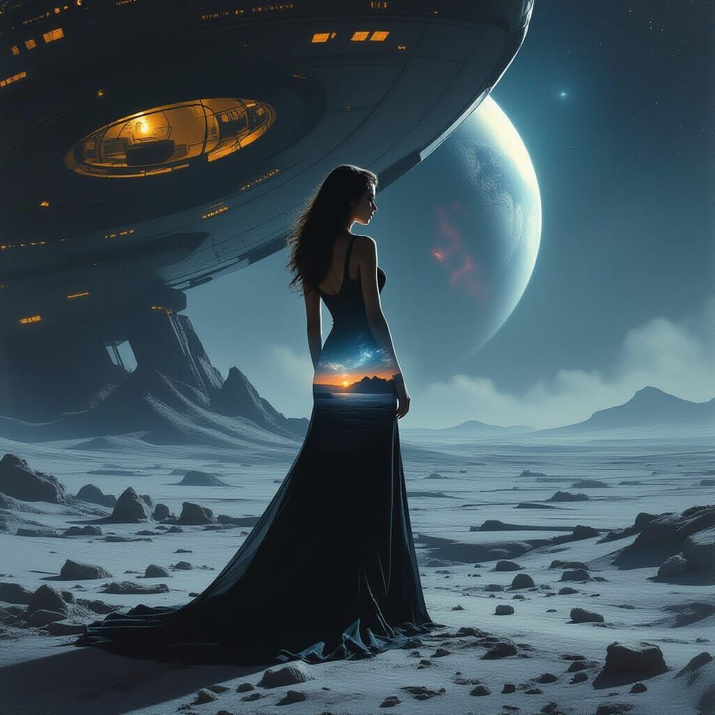 Elegant Woman's Silhouette on Alien Planet Double Exposed wi...
