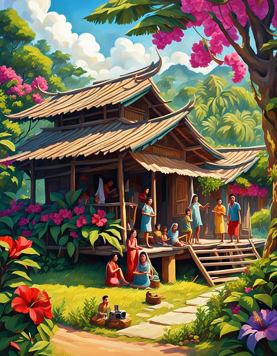 a peaceful Malaysian village.gPlace a traditional Malay wood...