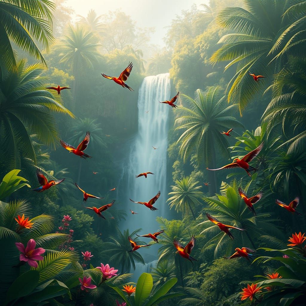 Exotic Tropical Oasis with Majestic Waterfall