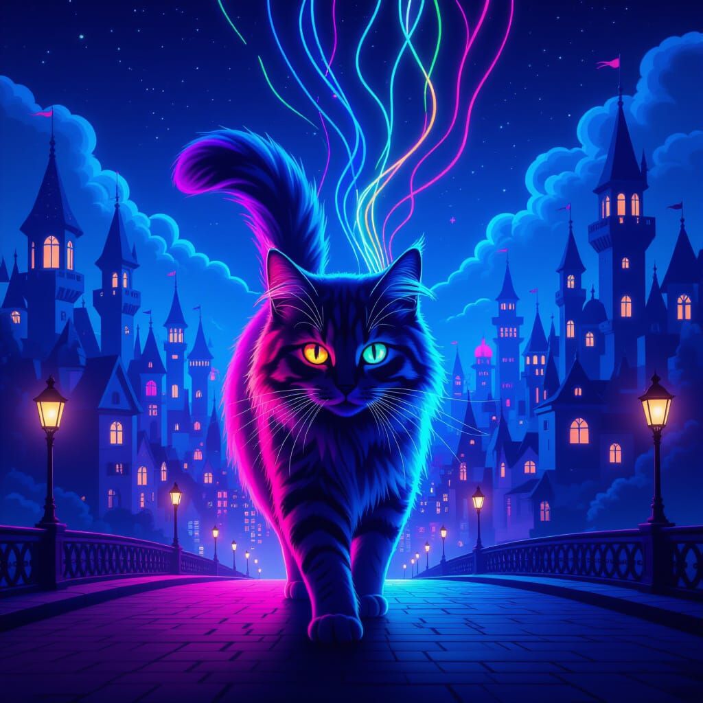 Neon Cat Stalks Fairytale City at Night in Synthwave Style
