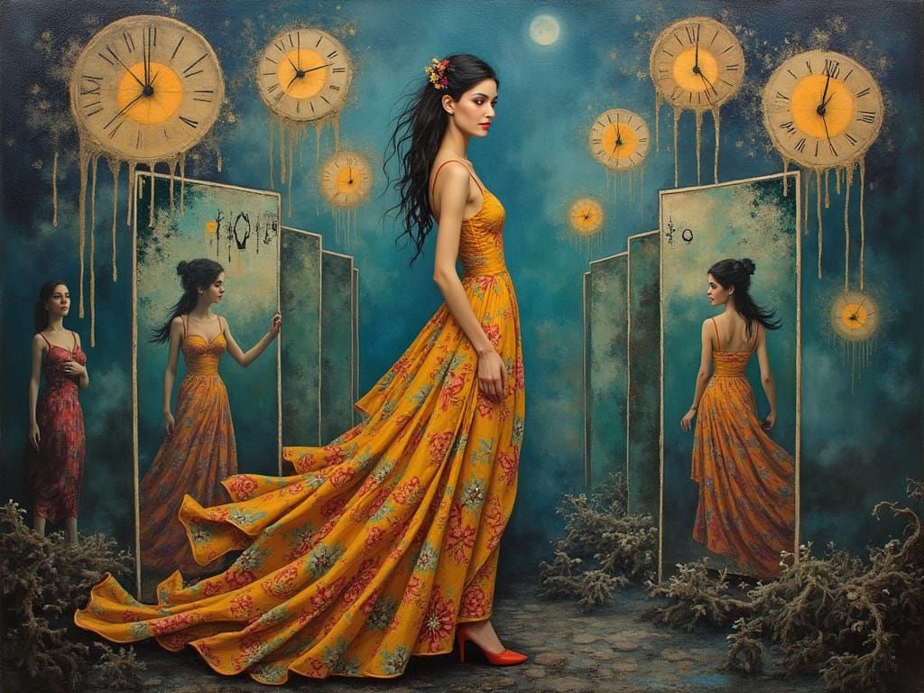 Enigmatic Woman in a Surrealist Landscape with Fragmented Re...