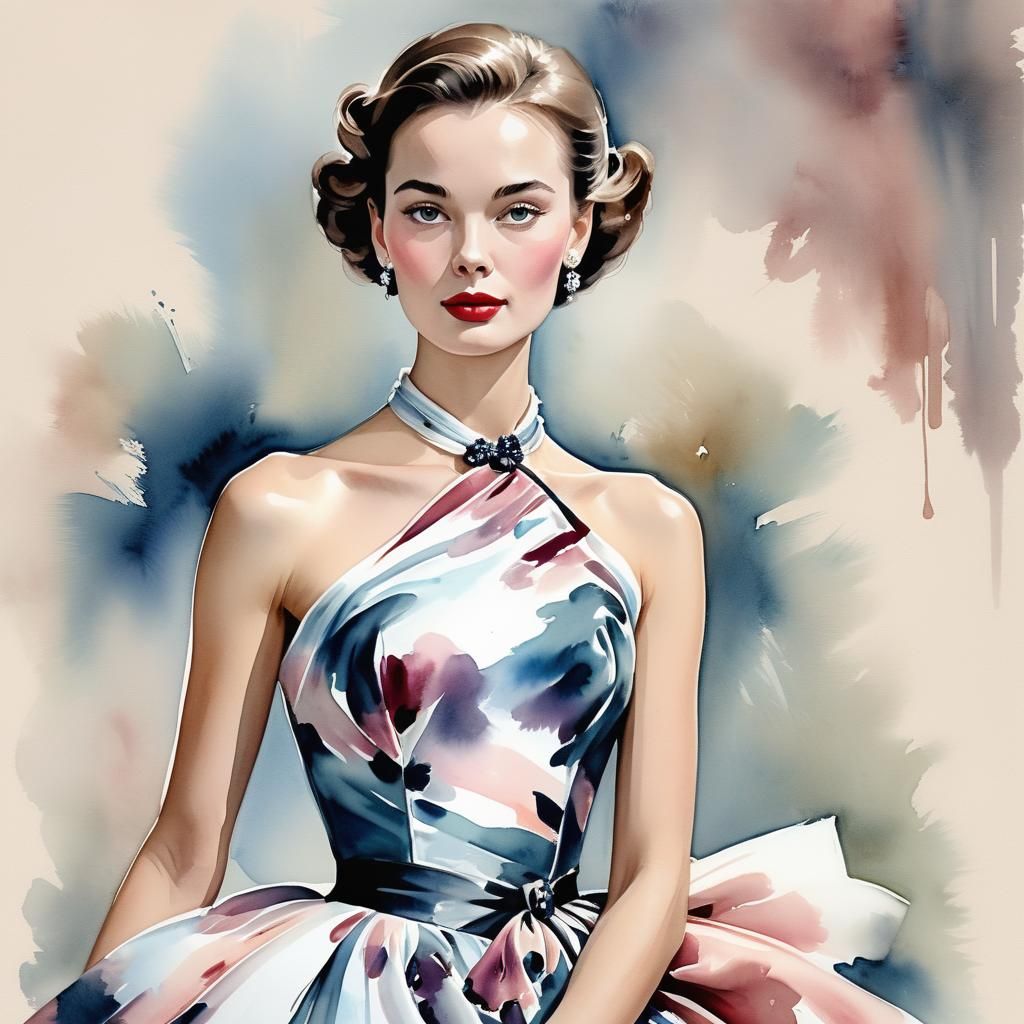 Elegant 1950s Woman in Watercolor Portrait