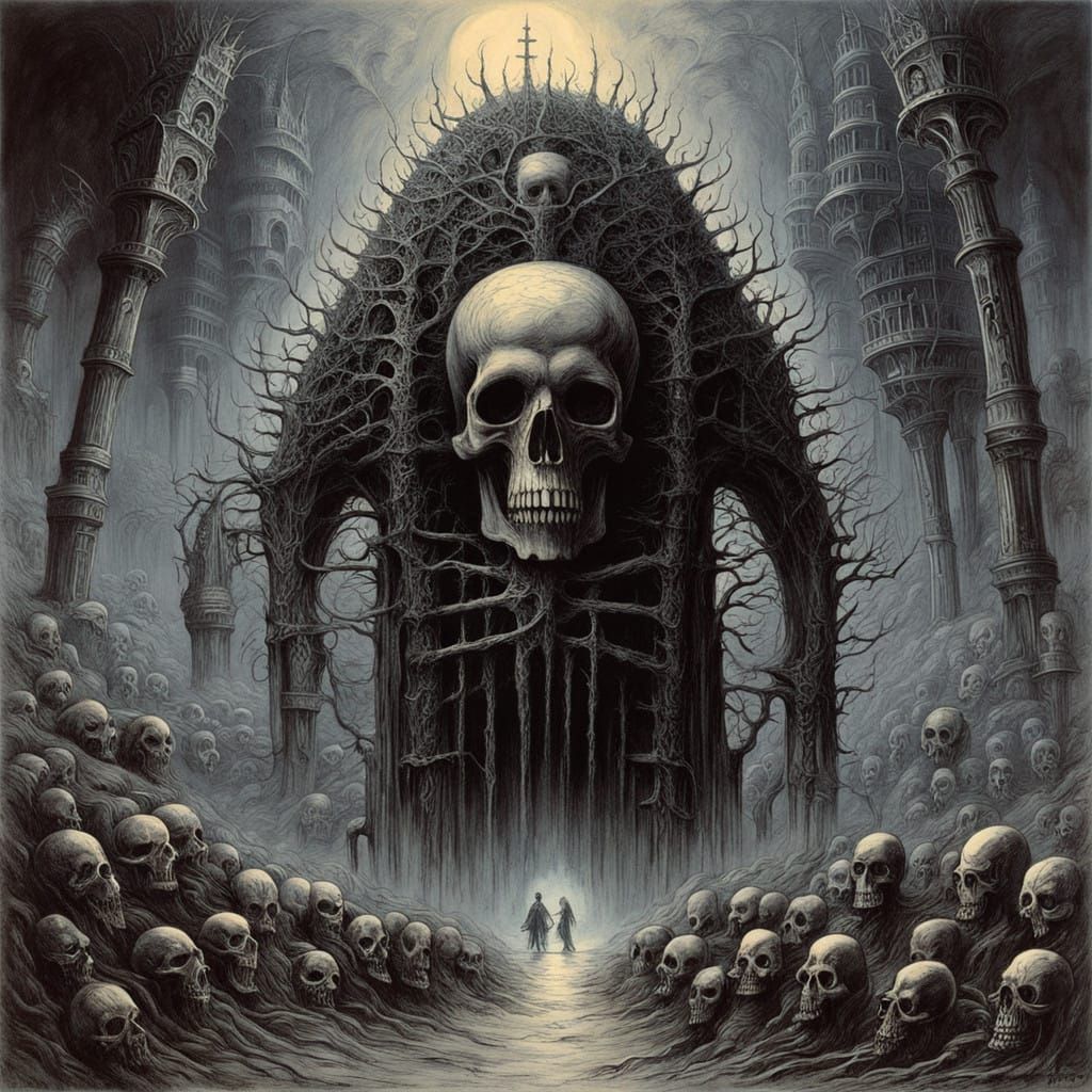 Dark Fantasy Scene with Necromancer and Undead Minions in Ch...