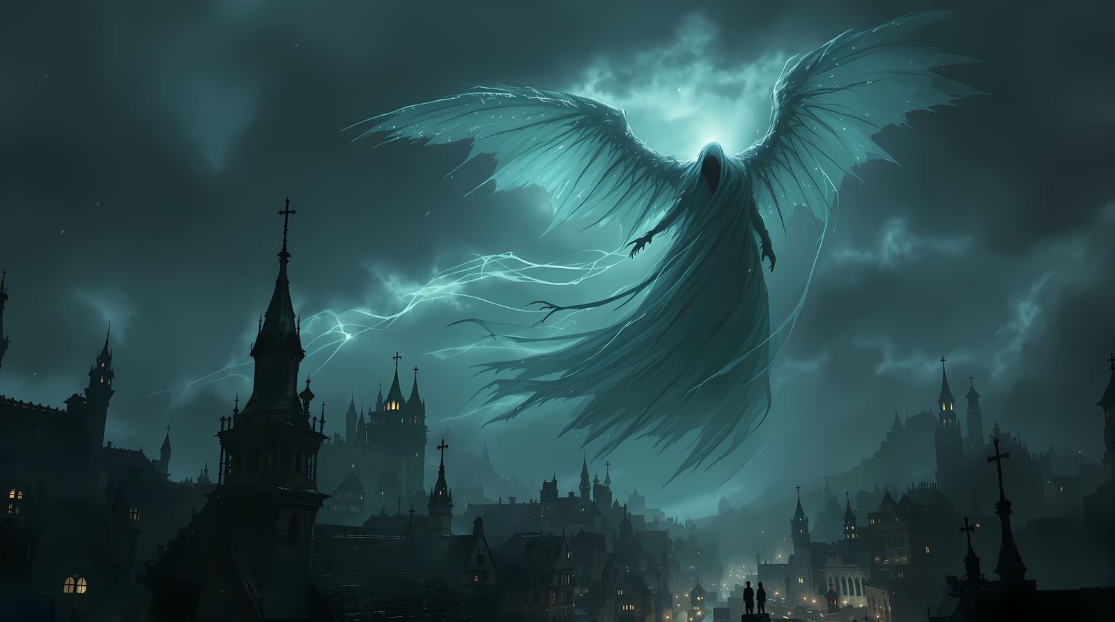 Ghostly Reaper Soars Above a Medieval Cityscape