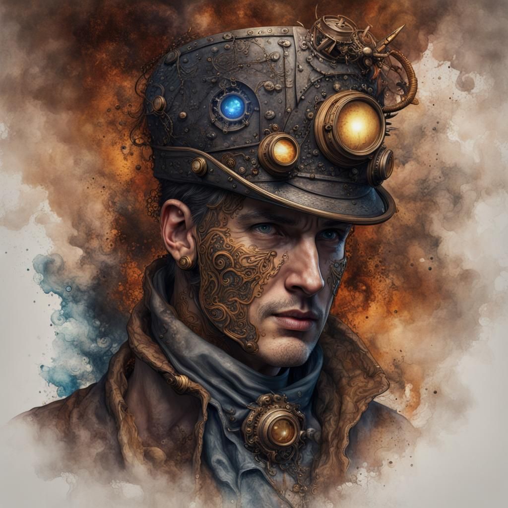 Steampunk Man's Visage in Watercolor Diorama