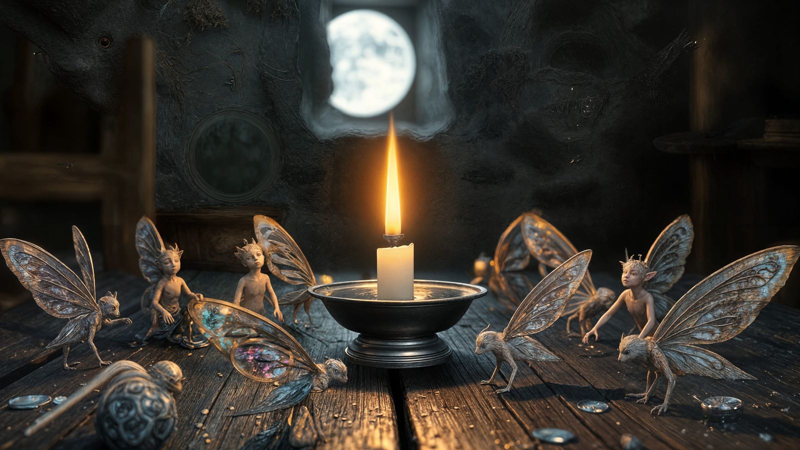 Moonlit Pixies Gather Around Candlelight