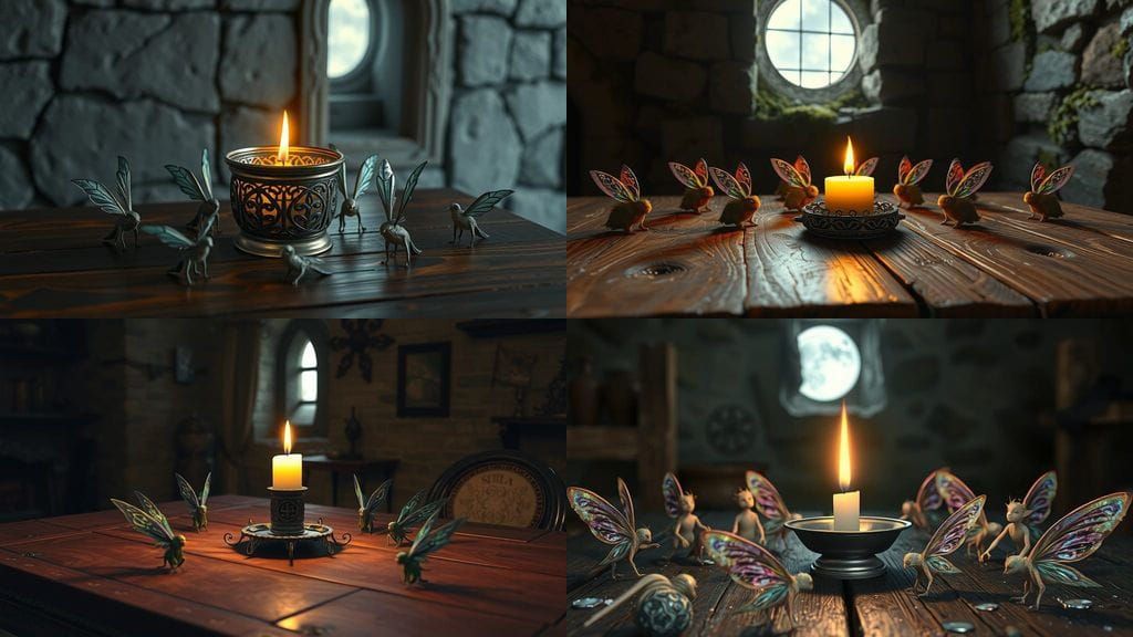Whimsical Pixie Gathering Illuminated by a Pewter Candle