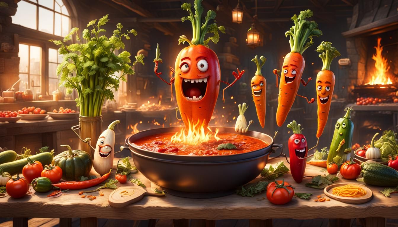 Vegetable Friends Celebrate in Surreal Soup Bowl