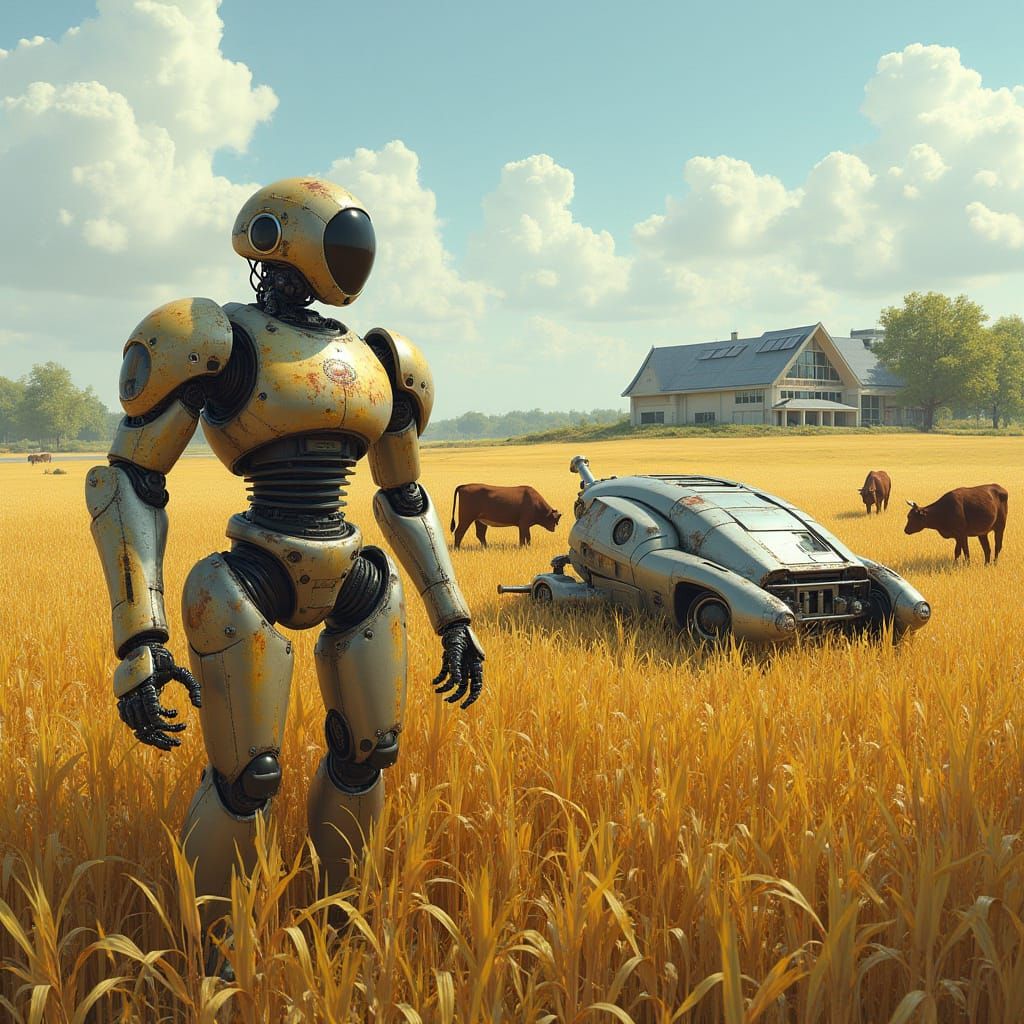 Futuristic Farmstead with Rusty Agricultural Robots and Over...