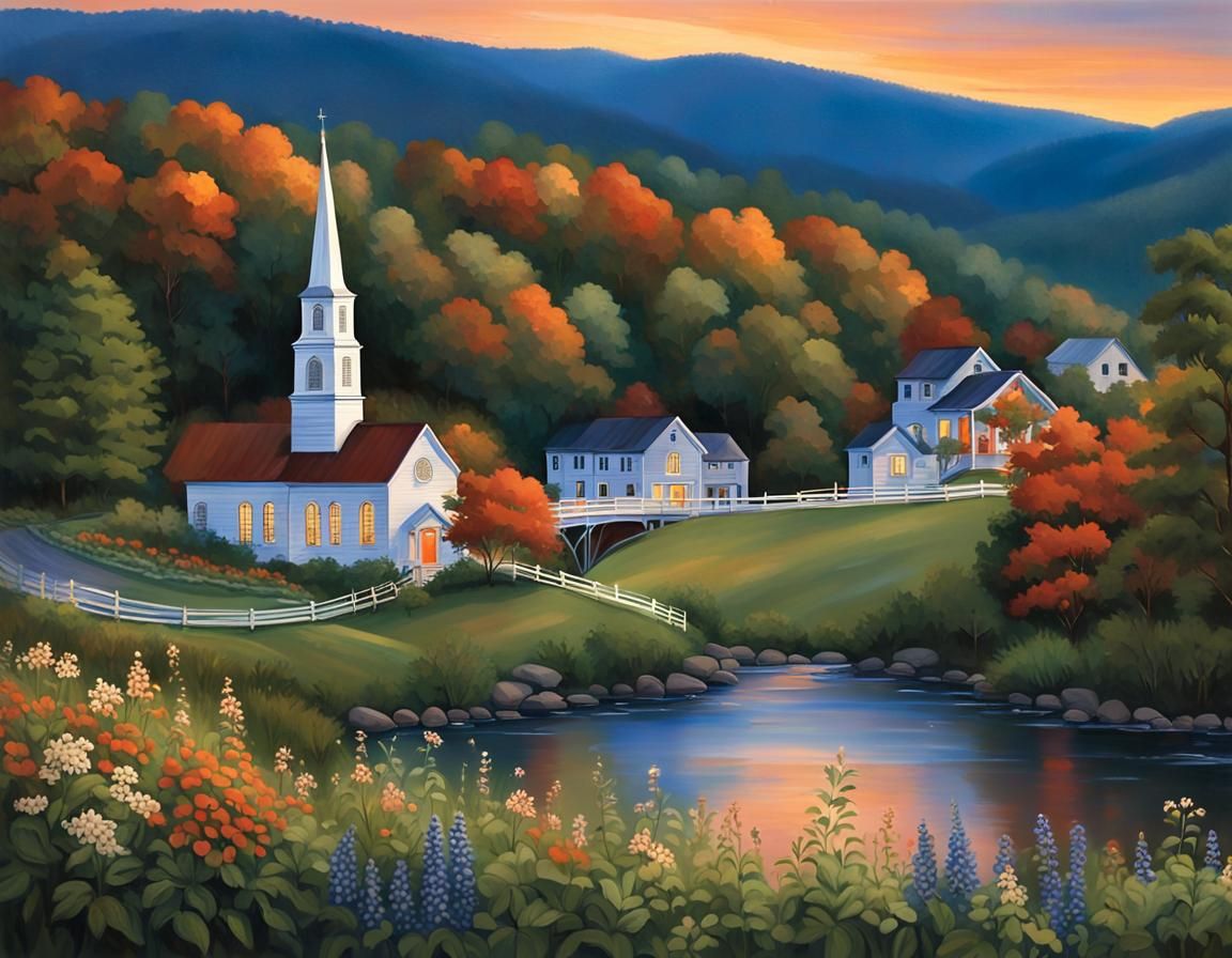 New England Town at Dusk with Volumetric Lighting