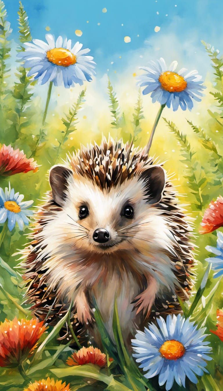 Charming Hedgehog with Flowers: Watercolor Concept Art