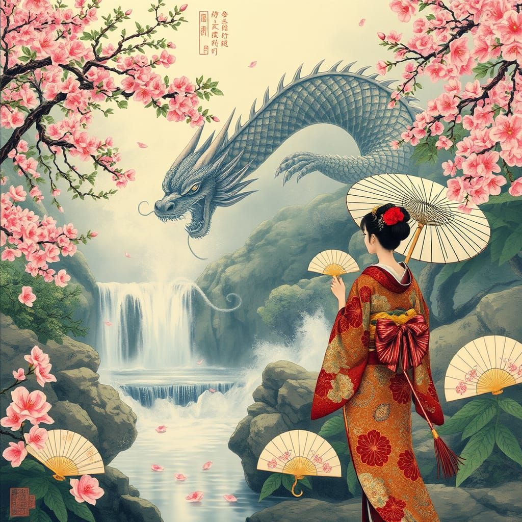 A beautiful Japanse Scene with a high Detailed painted Dragon and Geisha