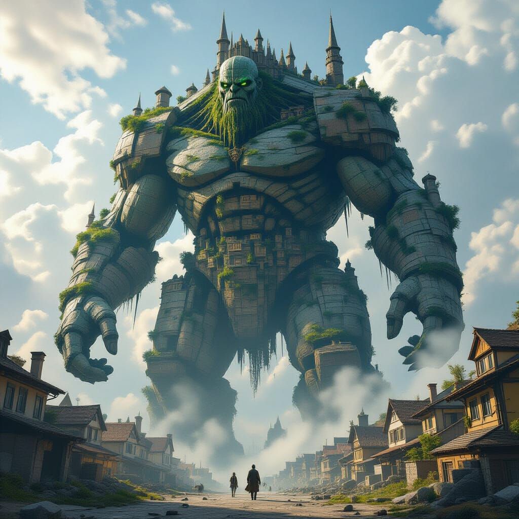 Colossal Stone Titan Awakening with Ancient Buildings