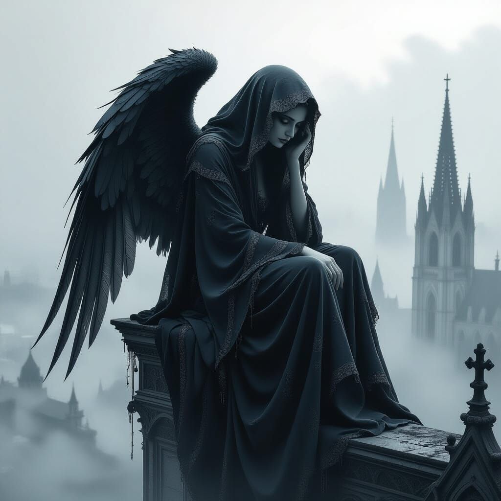 Sorrowful Angel Observes Fog-Enshrouded City