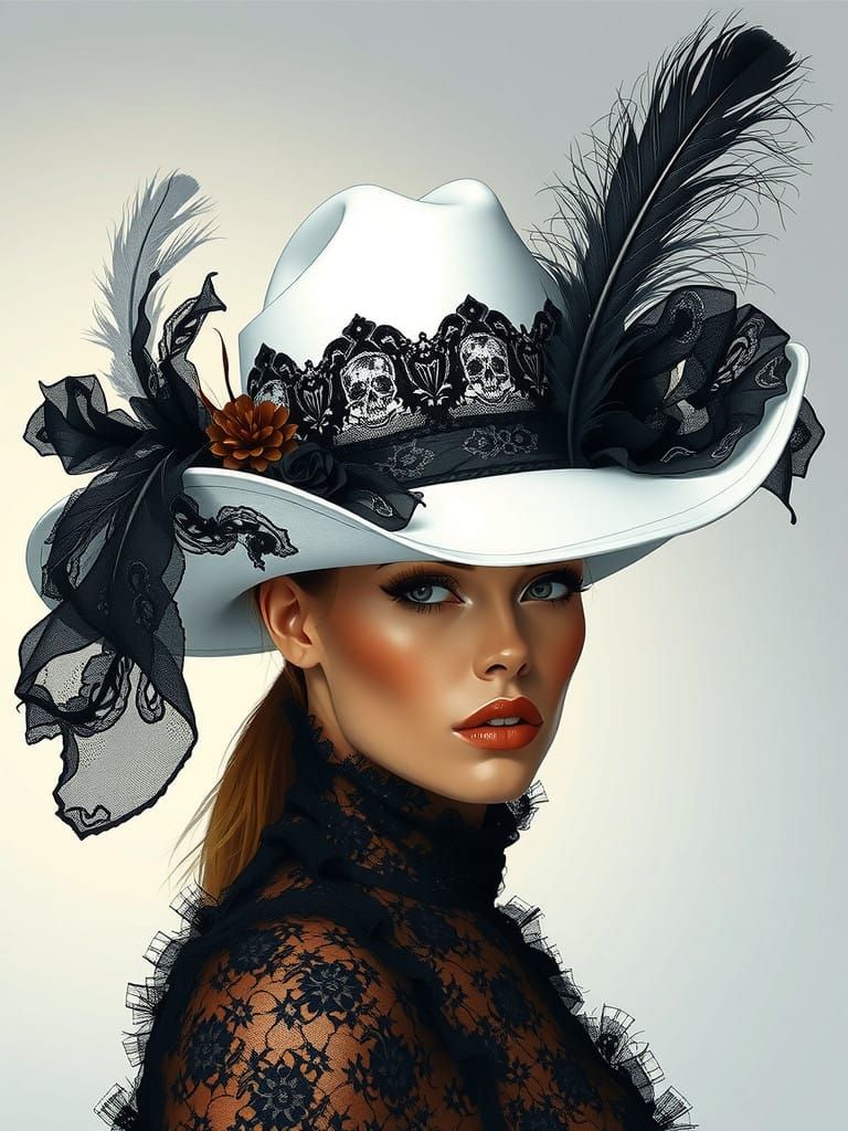 Bipoc Model in Sophisticated White Cowboy Hat with Black Lac...