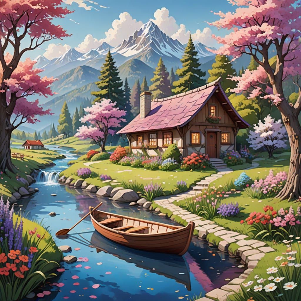 Pastoral Landscape Inside a Leaf: Whimsical Illustration