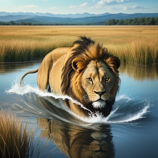 Lion Lapping Water: Double Exposure Wildlife Photography