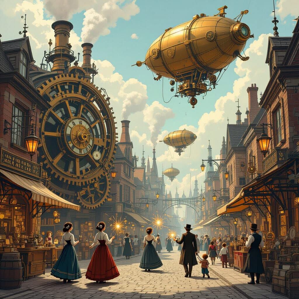Steampunk Victorian Marketplace with Airships and Gears