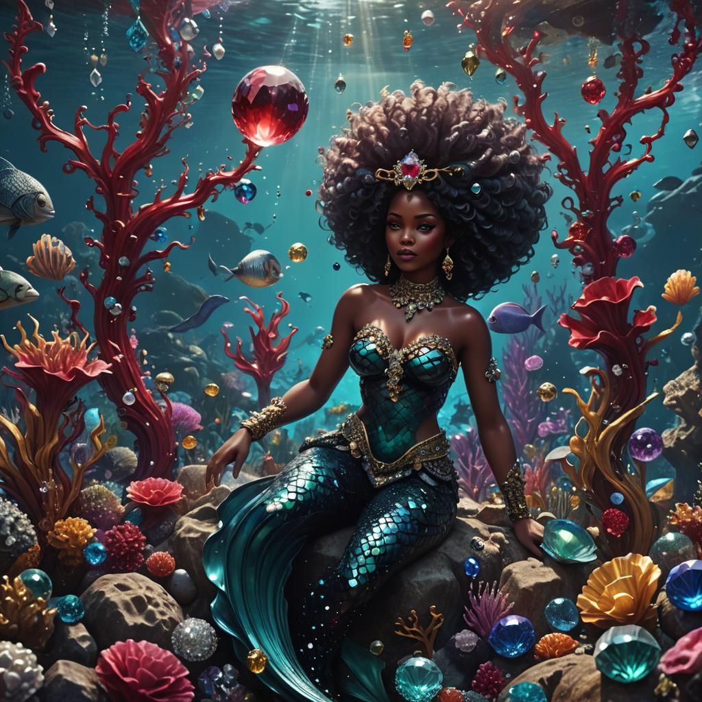 Black Mermaid in Ocean of Glass Jewels