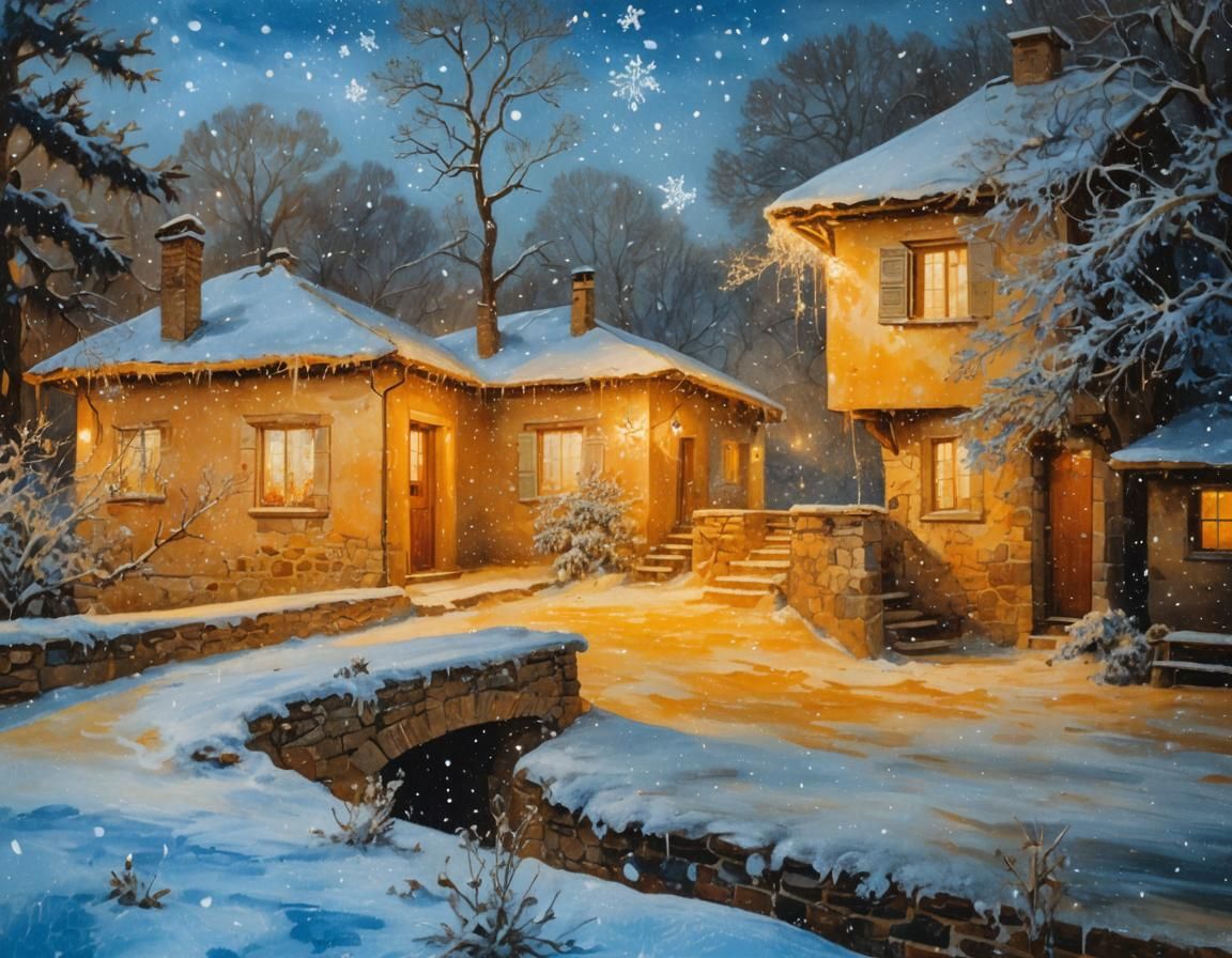 Surreal Winter Night: Melting House in Oil