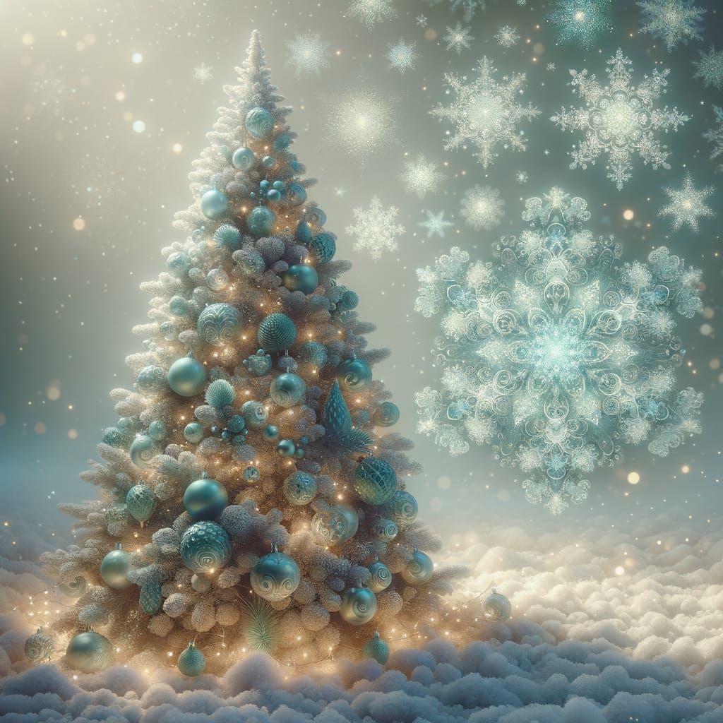Pale Teal Christmas Tree on Snow with Fractal Snowflakes
