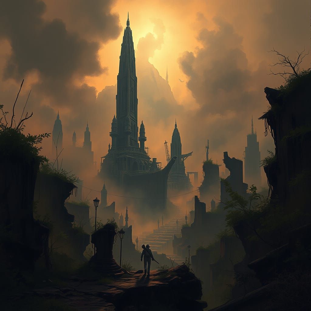 Explorer in Overgrown Cityscape Under Twilight Sky