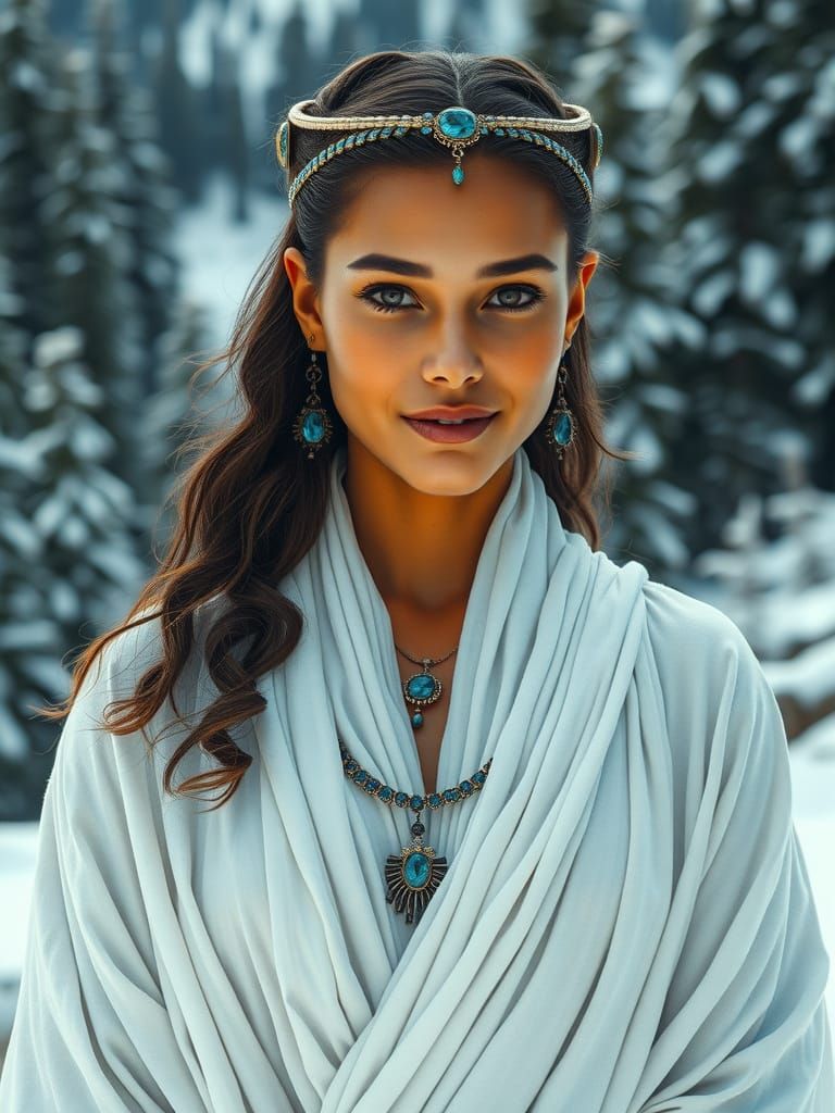 Egyptian Queen in Snow Forest, Hyperrealistic Style