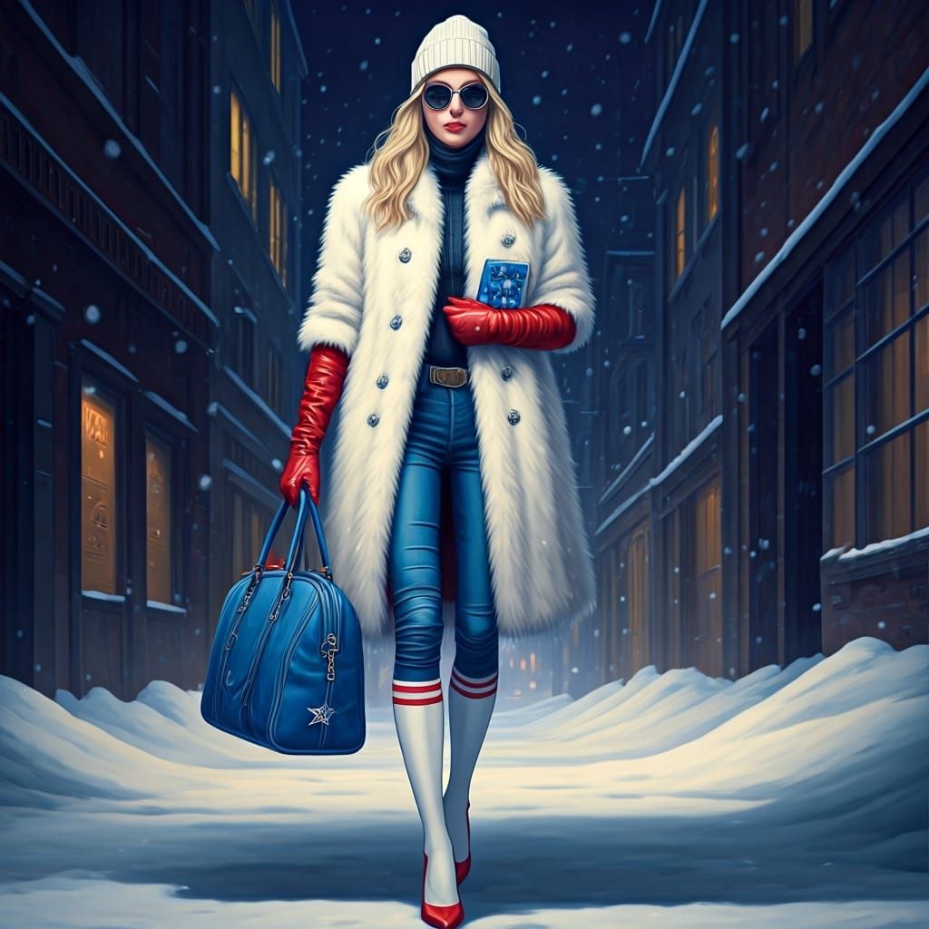 Samantha Liberty in Snowy Alley: Futuristic Nostalgia