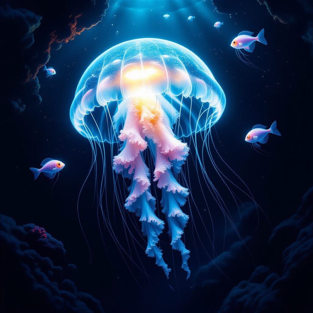 Bioluminescent Jellyfish in Deep-Sea Trench: Hyperrealistic ...