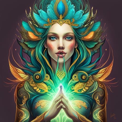 Bioluminescent Cybernetic Peacock Goddess: Digital Art