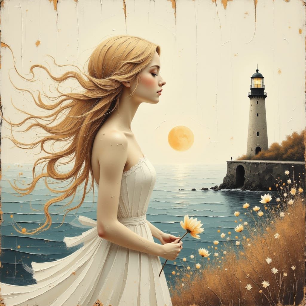 Ethereal Woman by Lighthouse in Pastel Tones